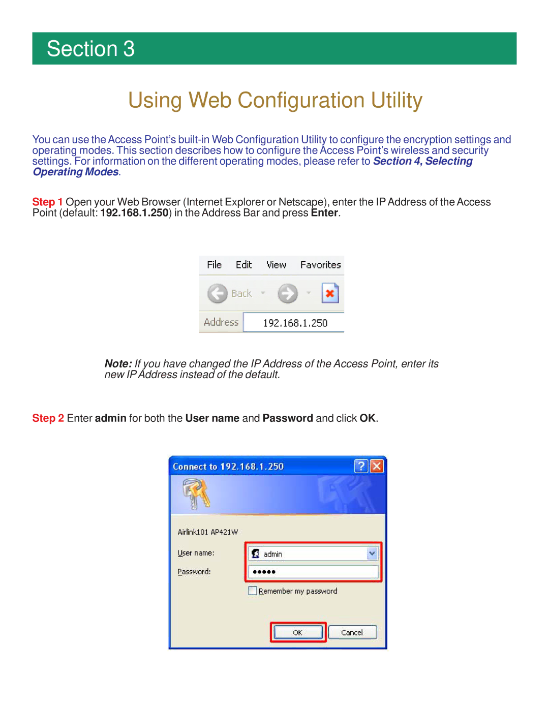 Airlink101 AP421W manual Using Web Configuration Utility 