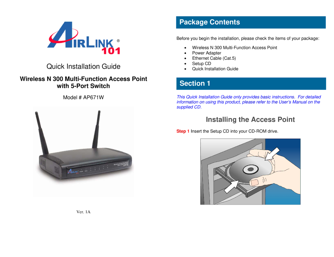 Airlink101 AP671W user manual Package Contents 