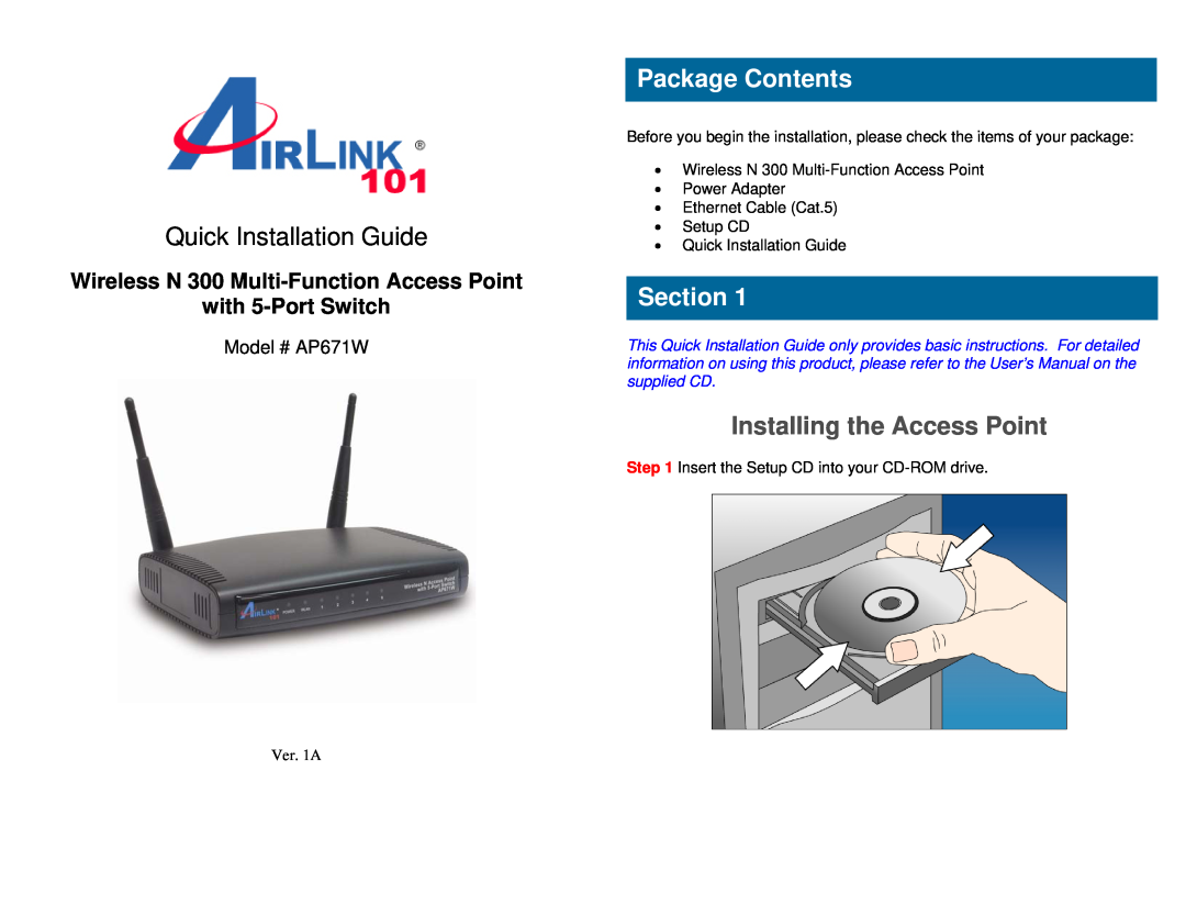 Airlink101 AP671W user manual Package Contents, Section, Installing the Access Point, Quick Installation Guide 