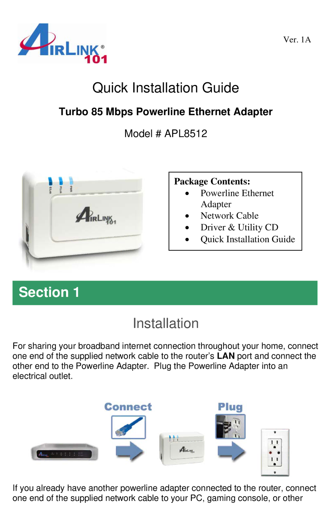 Airlink101 manual Quick Installation Guide, Section, Turbo 85 Mbps Powerline Ethernet Adapter, Model # APL8512 