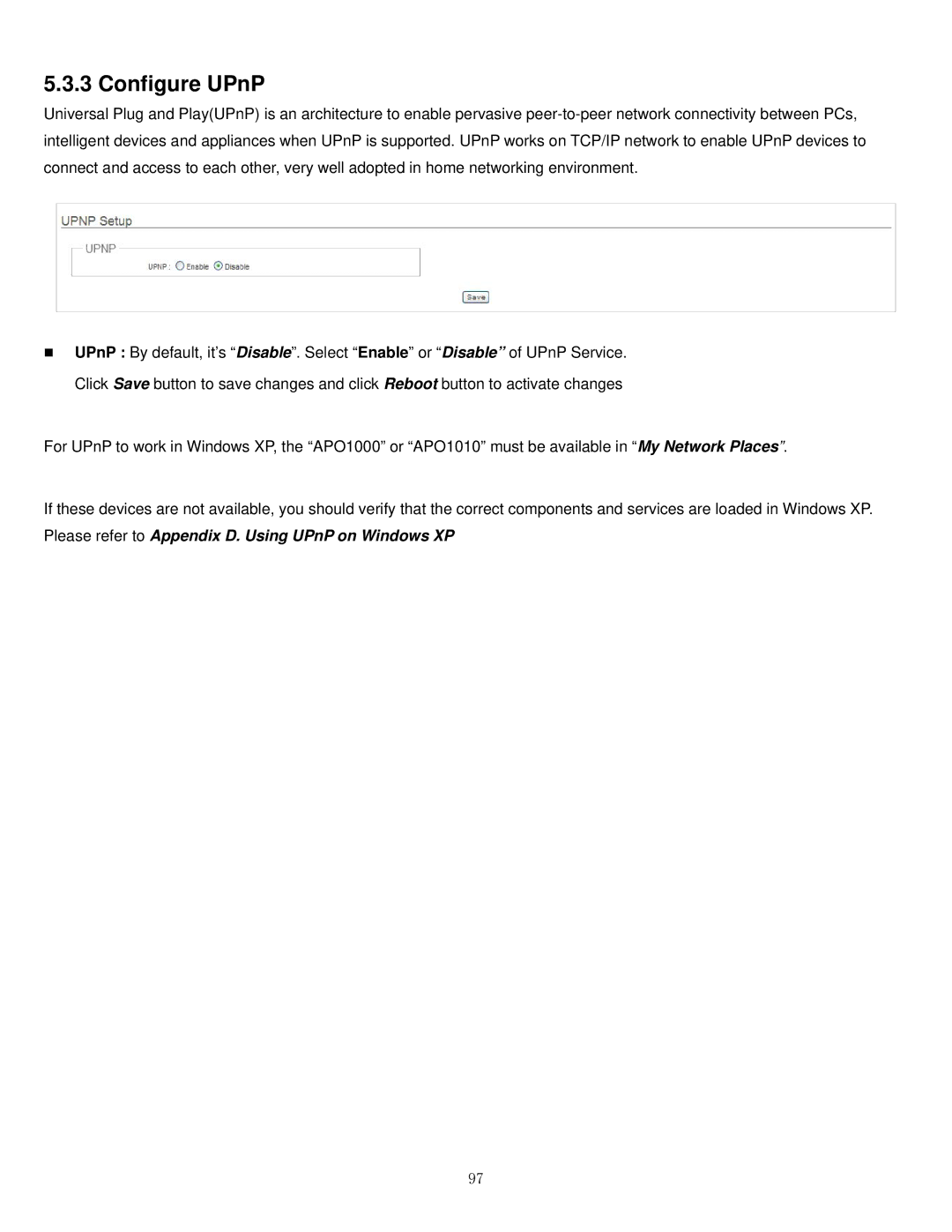 Airlink101 APO1010, APO1000 manual Configure UPnP 