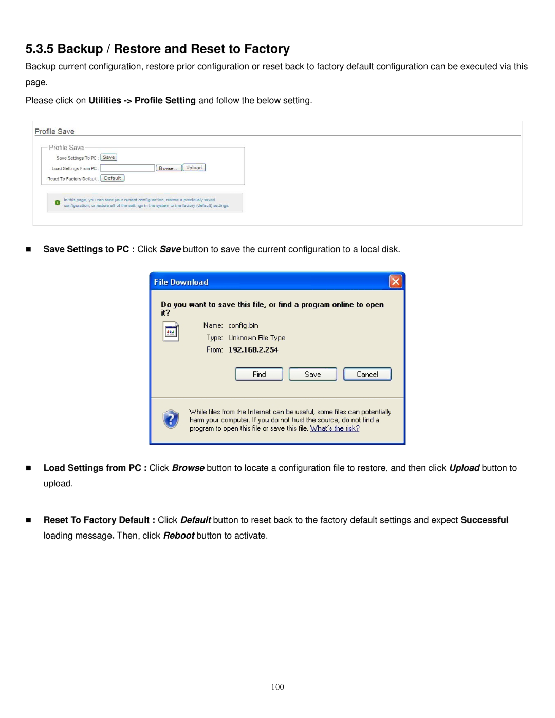 Airlink101 APO1000, APO1010 manual Backup / Restore and Reset to Factory 