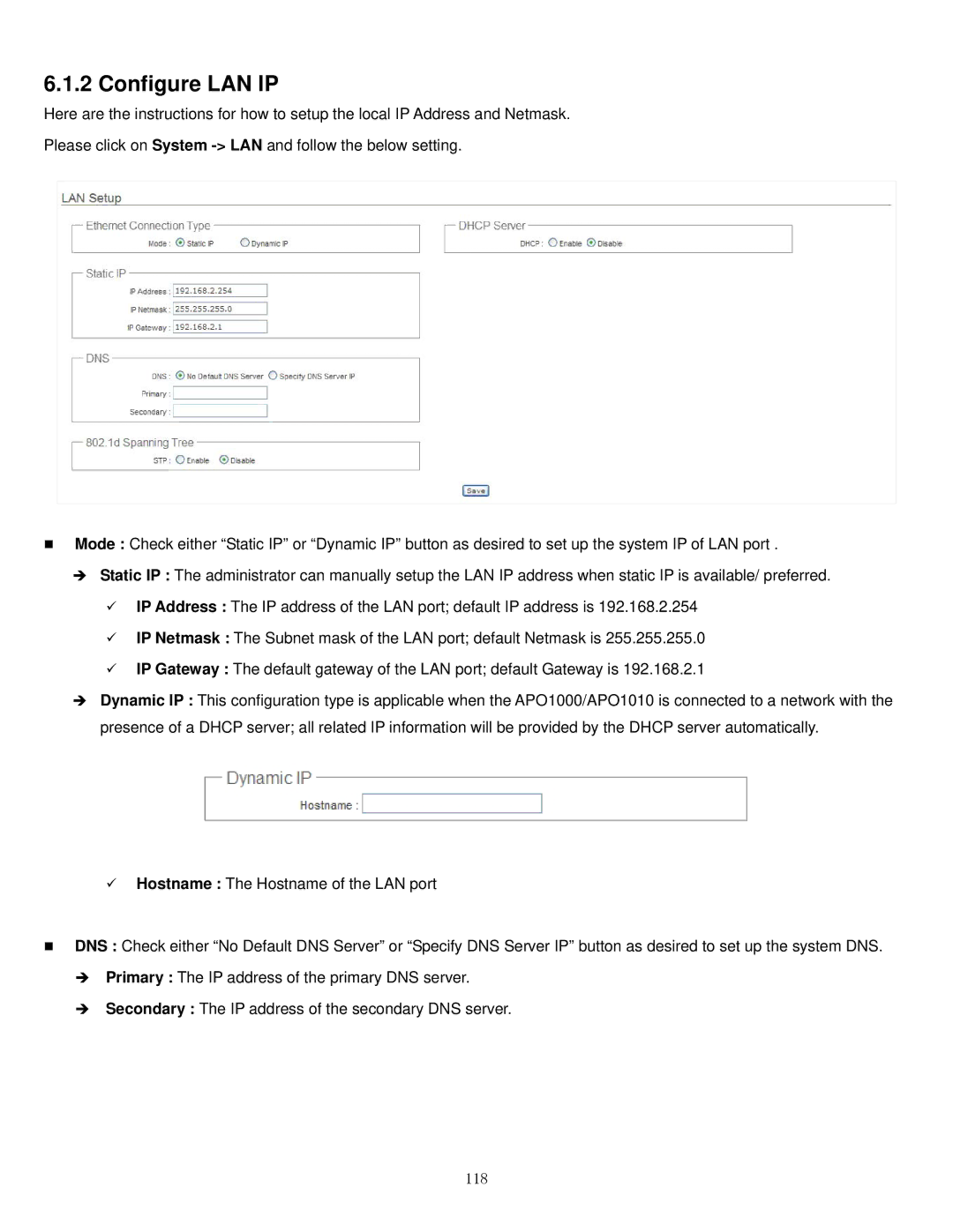 Airlink101 APO1000, APO1010 manual Configure LAN IP, 118 