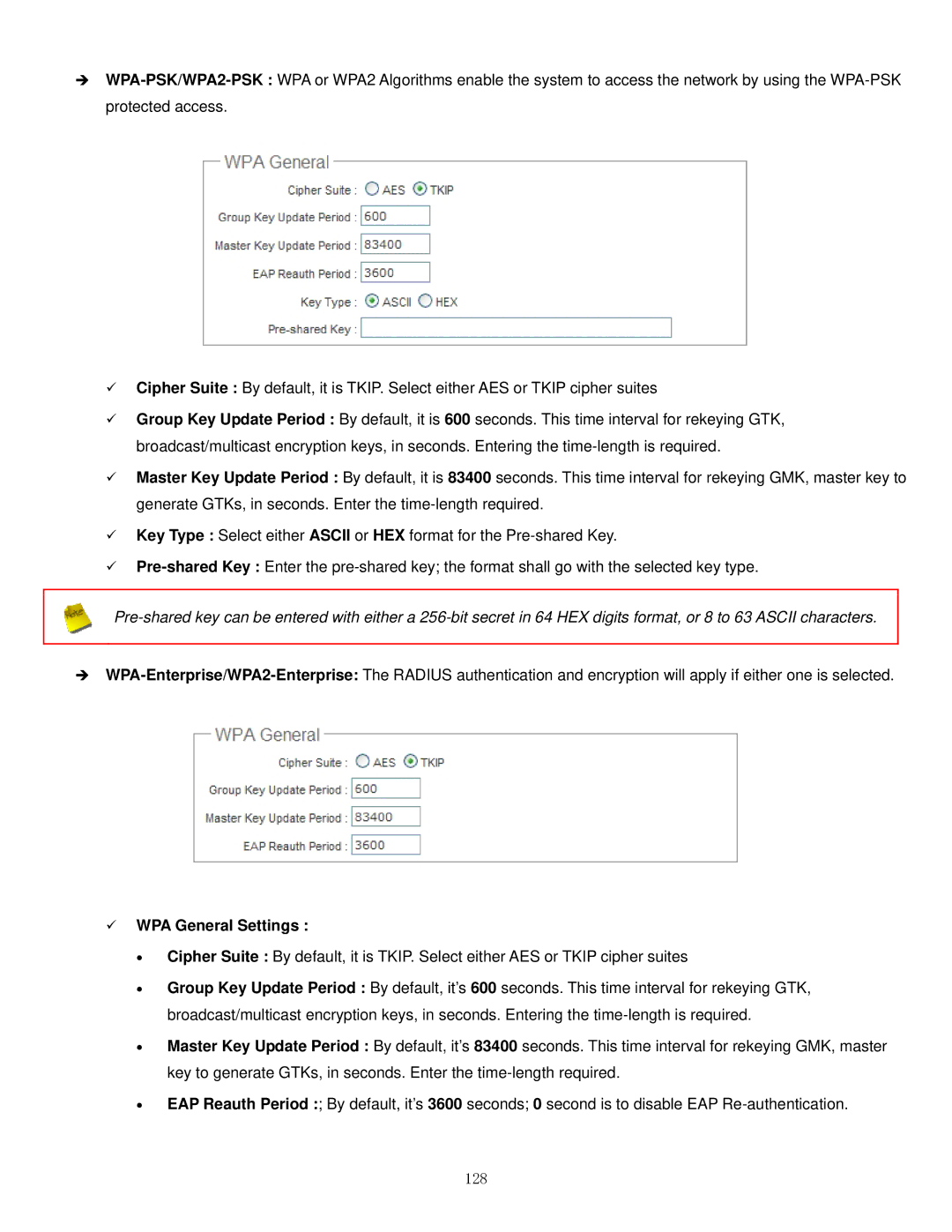 Airlink101 APO1000, APO1010 manual WPA General Settings, 128 