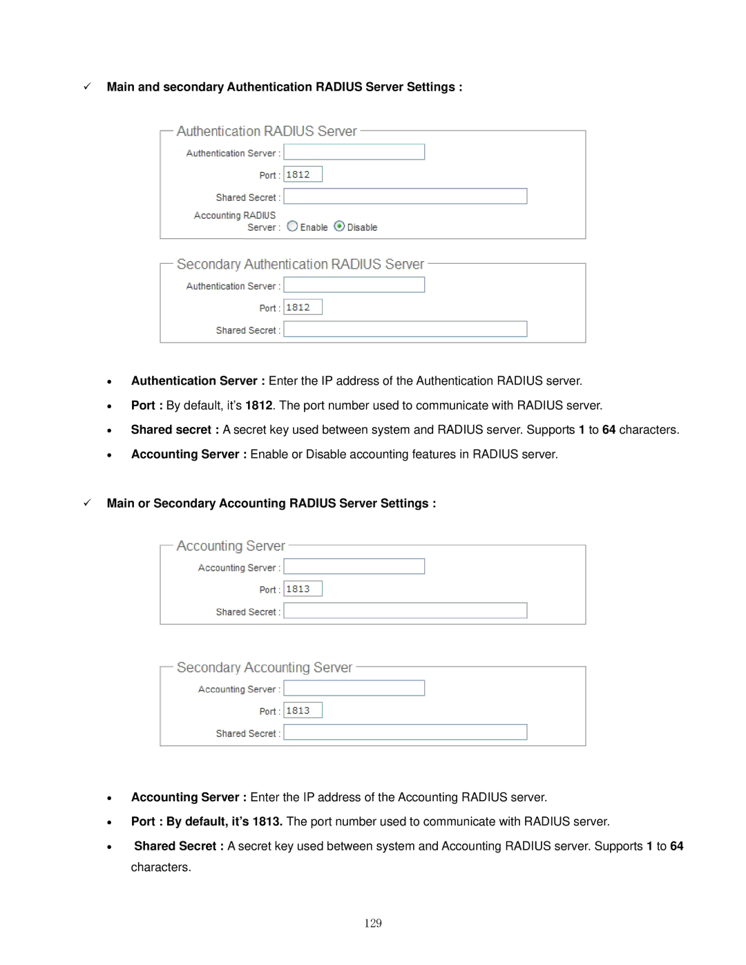 Airlink101 APO1010, APO1000 manual Main and secondary Authentication Radius Server Settings, 129 