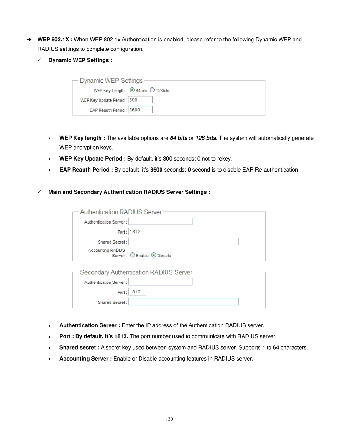 Airlink101 APO1000, APO1010 manual Dynamic WEP Settings, 130 