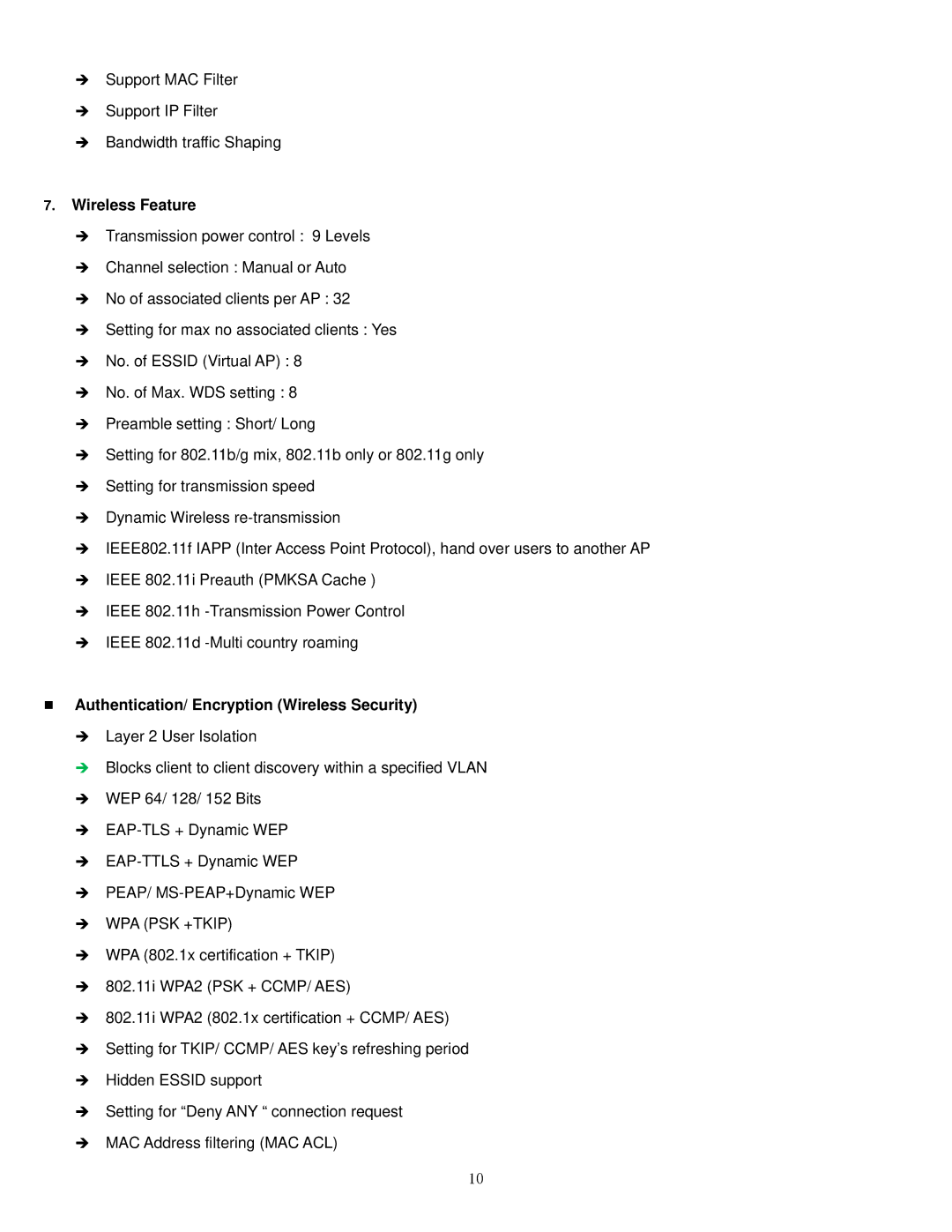 Airlink101 APO1000, APO1010 manual Wireless Feature, „ Authentication/ Encryption Wireless Security 