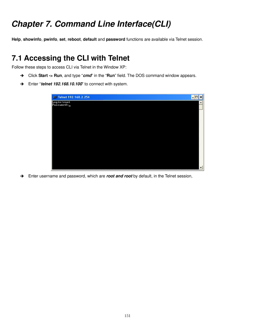 Airlink101 APO1010, APO1000 manual Accessing the CLI with Telnet, 151 