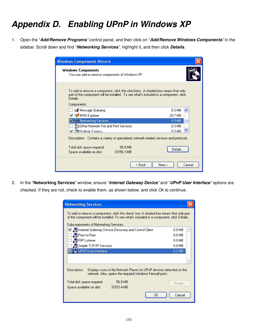 Airlink101 APO1010, APO1000 manual Appendix D. Enabling UPnP in Windows XP, 161 