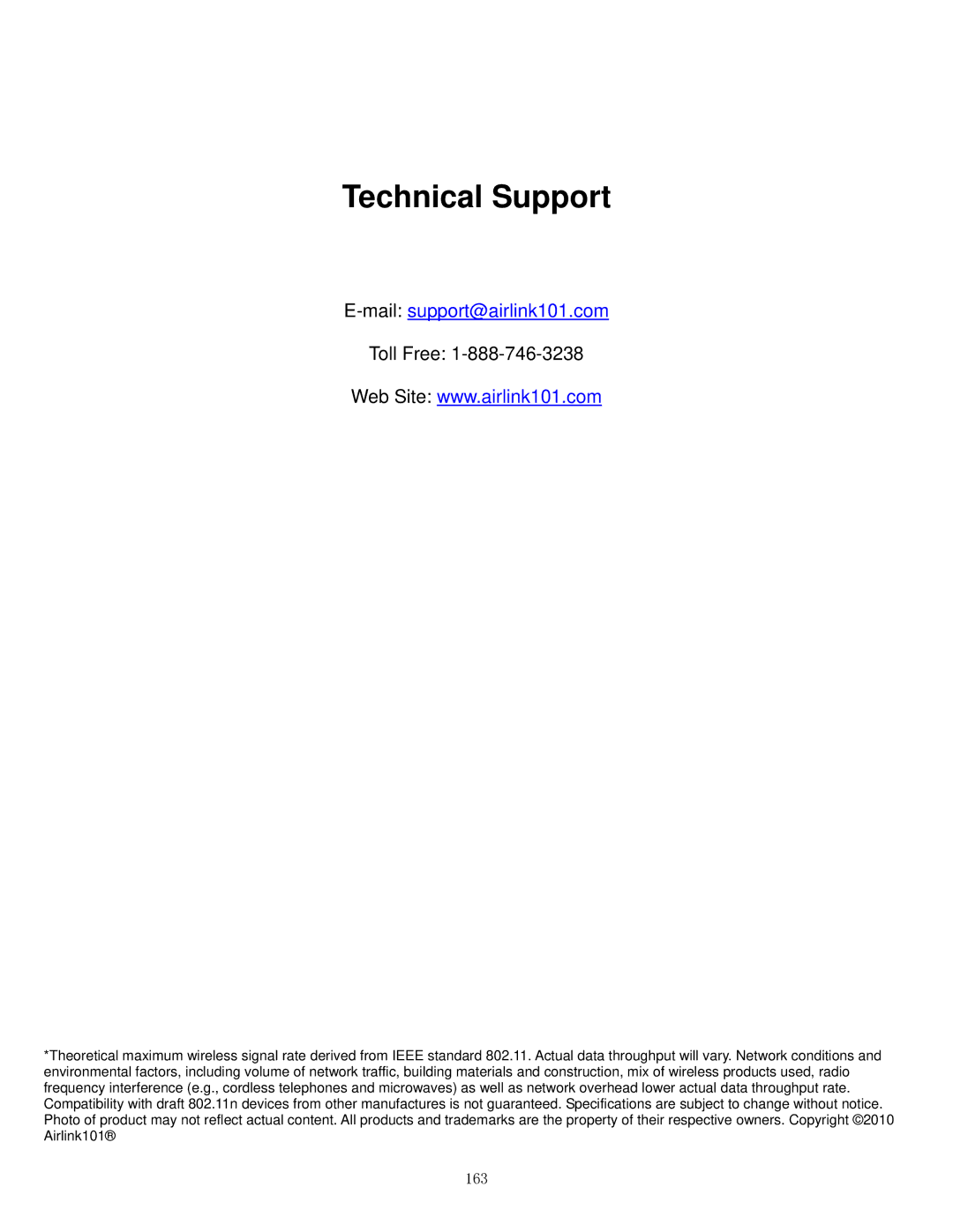 Airlink101 APO1010, APO1000 manual Technical Support, 163 