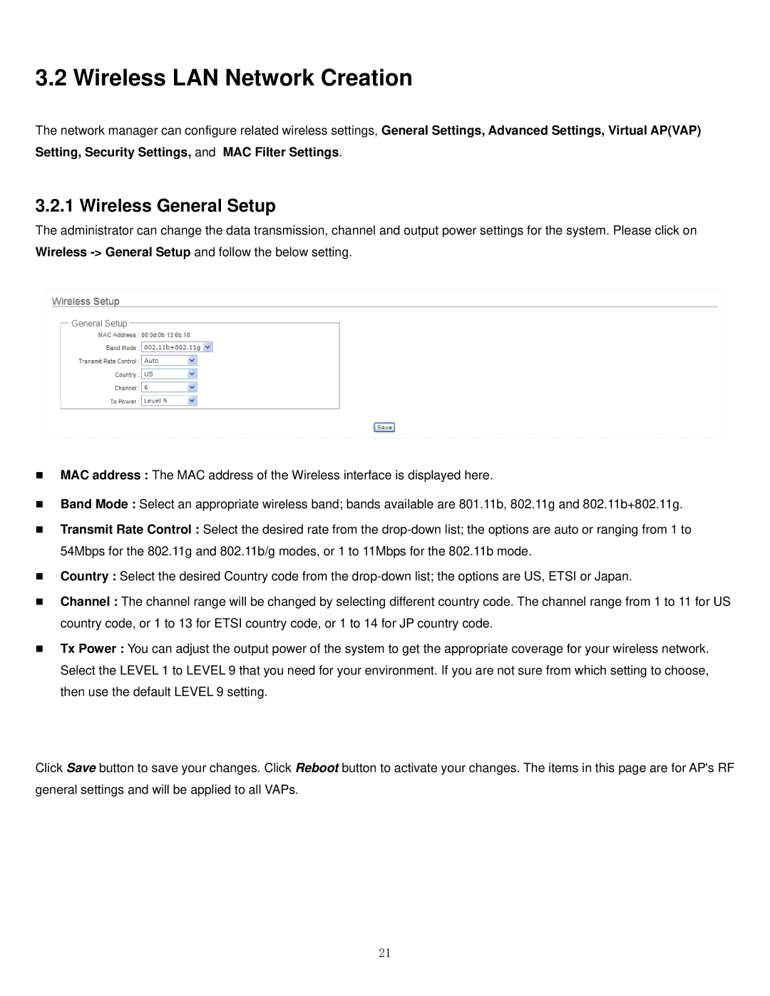 Airlink101 APO1010, APO1000 manual Wireless LAN Network Creation, Wireless General Setup 