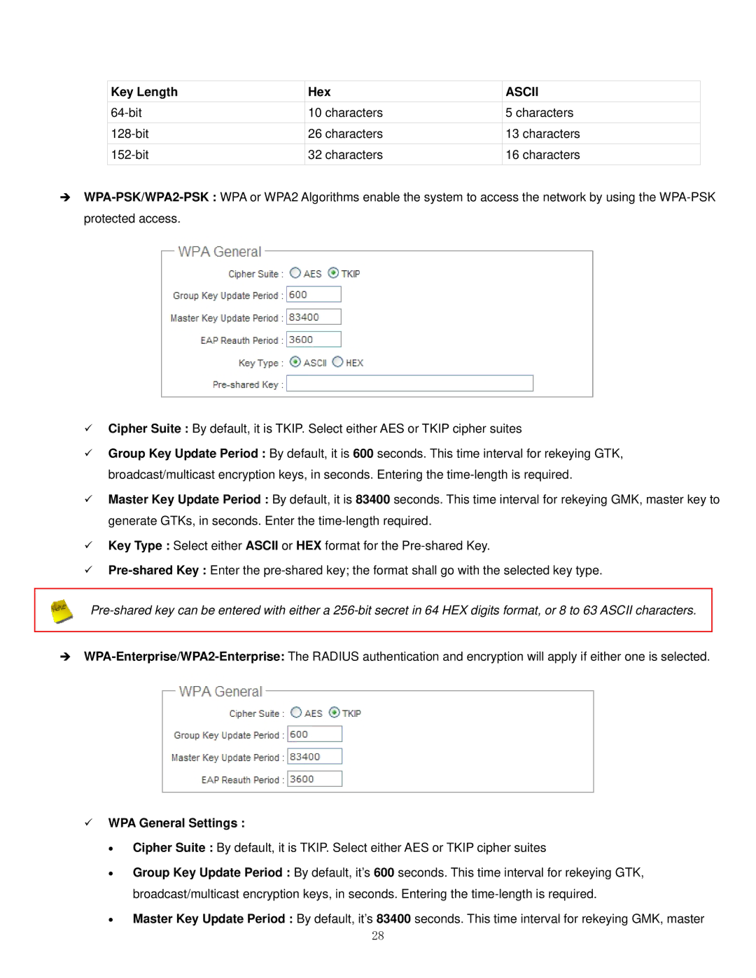 Airlink101 APO1000, APO1010 manual Key Length Hex, WPA General Settings 