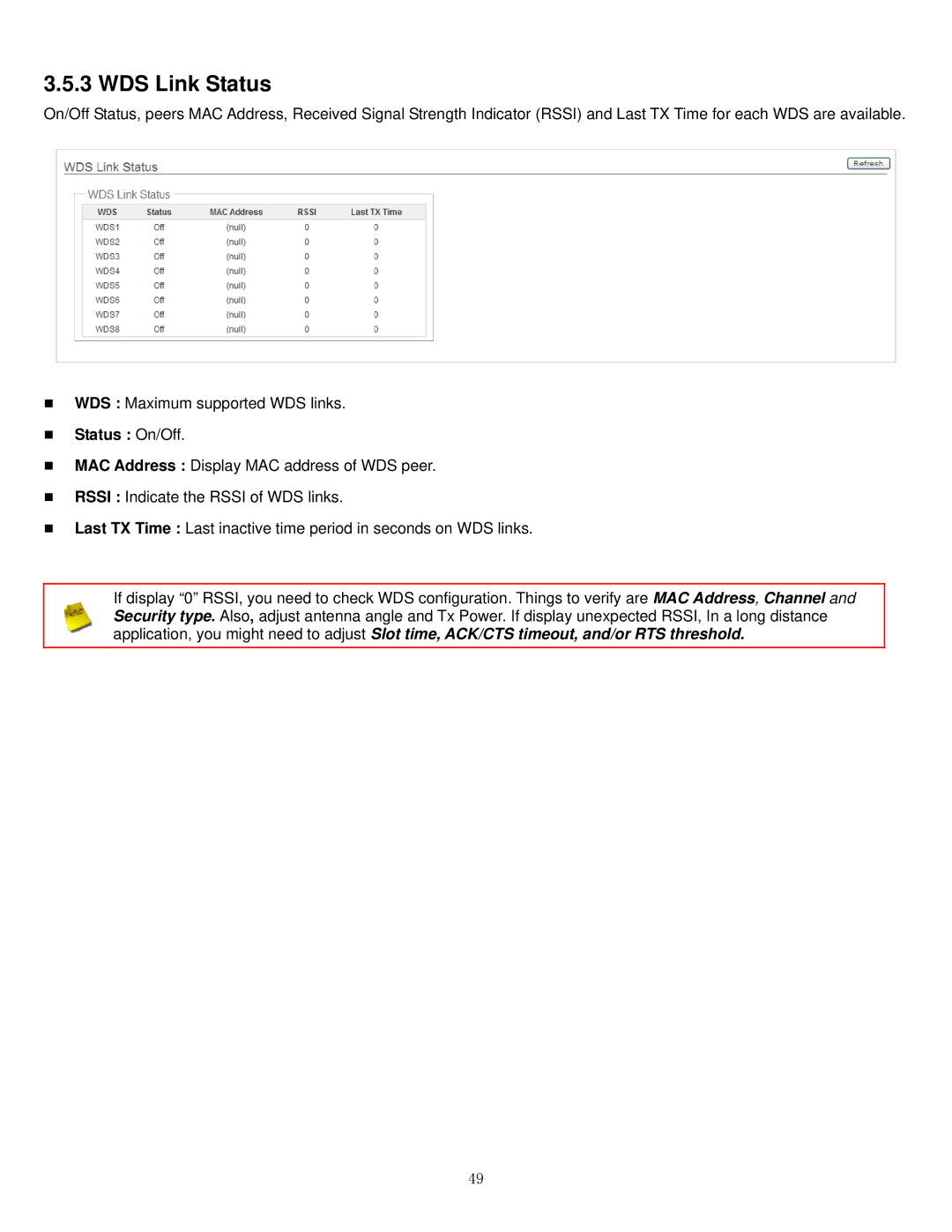 Airlink101 APO1010, APO1000 manual WDS Link Status, „ Status On/Off 