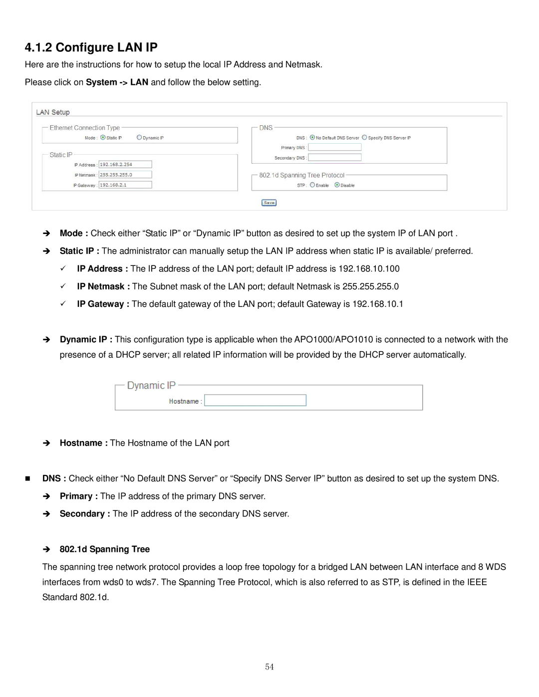 Airlink101 APO1000, APO1010 manual Configure LAN IP, 802.1d Spanning Tree 