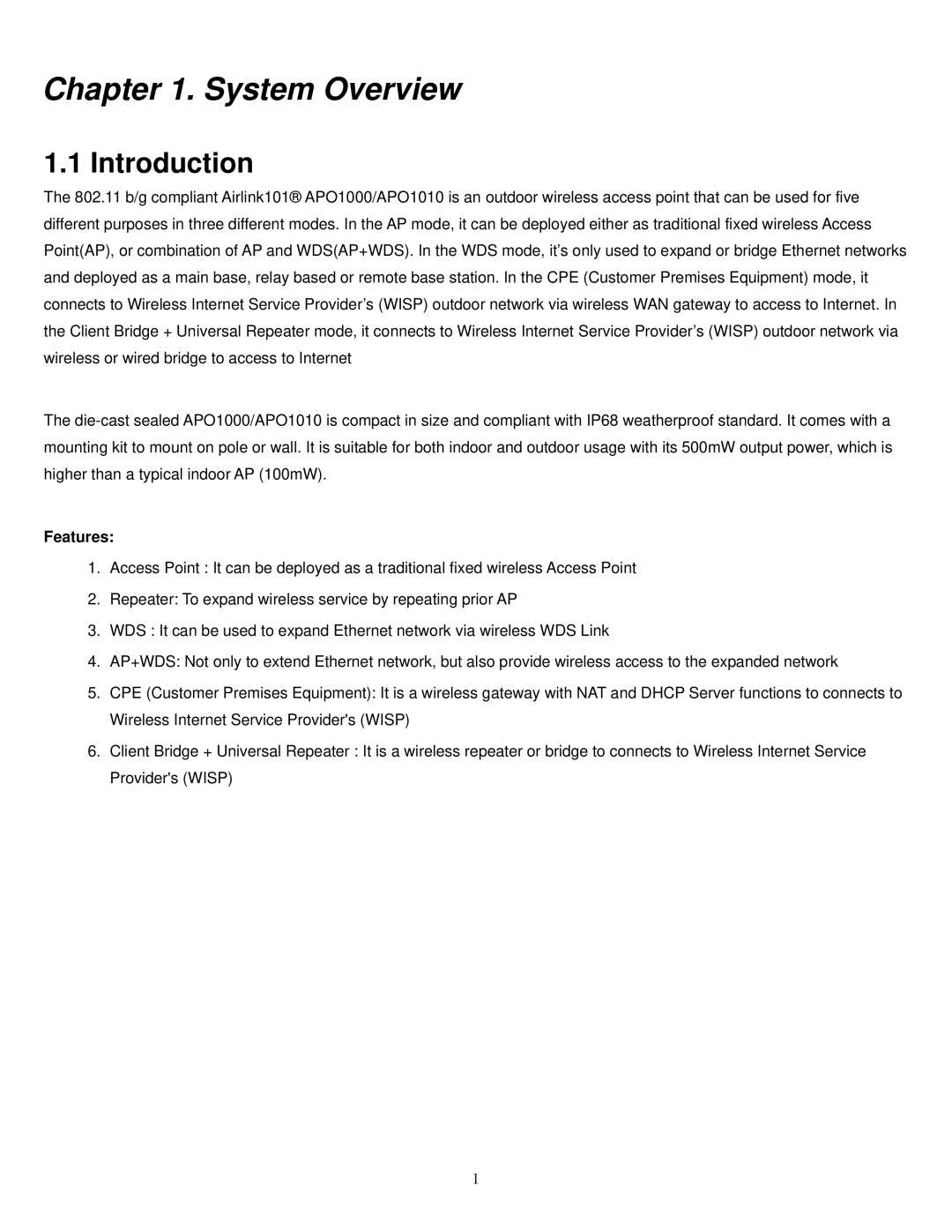 Airlink101 APO1010, APO1000 manual Introduction, Features 