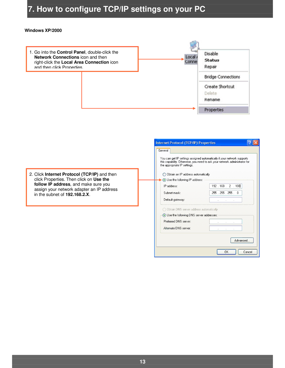 Airlink101 APO1200 manual How to configure TCP/IP settings on your PC, Windows XP/2000 