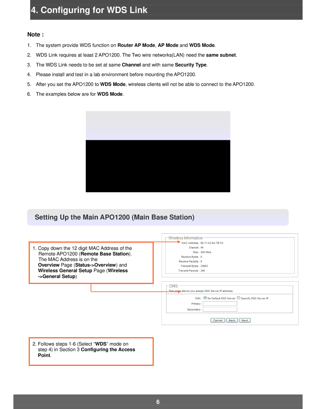 Airlink101 manual Configuring for WDS Link, Setting Up the Main APO1200 Main Base Station 