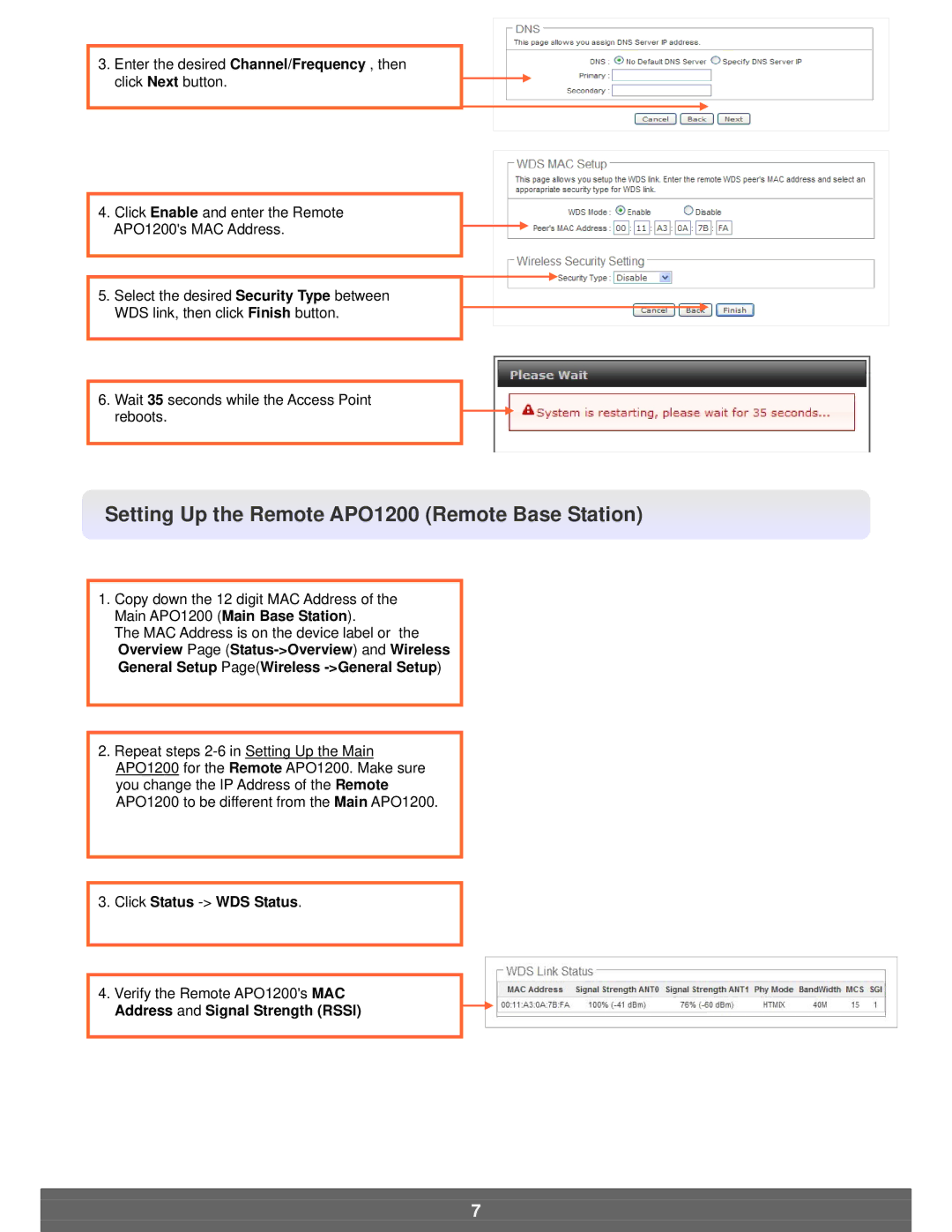 Airlink101 manual Setting Up the Remote APO1200 Remote Base Station, Click Status -WDS Status 