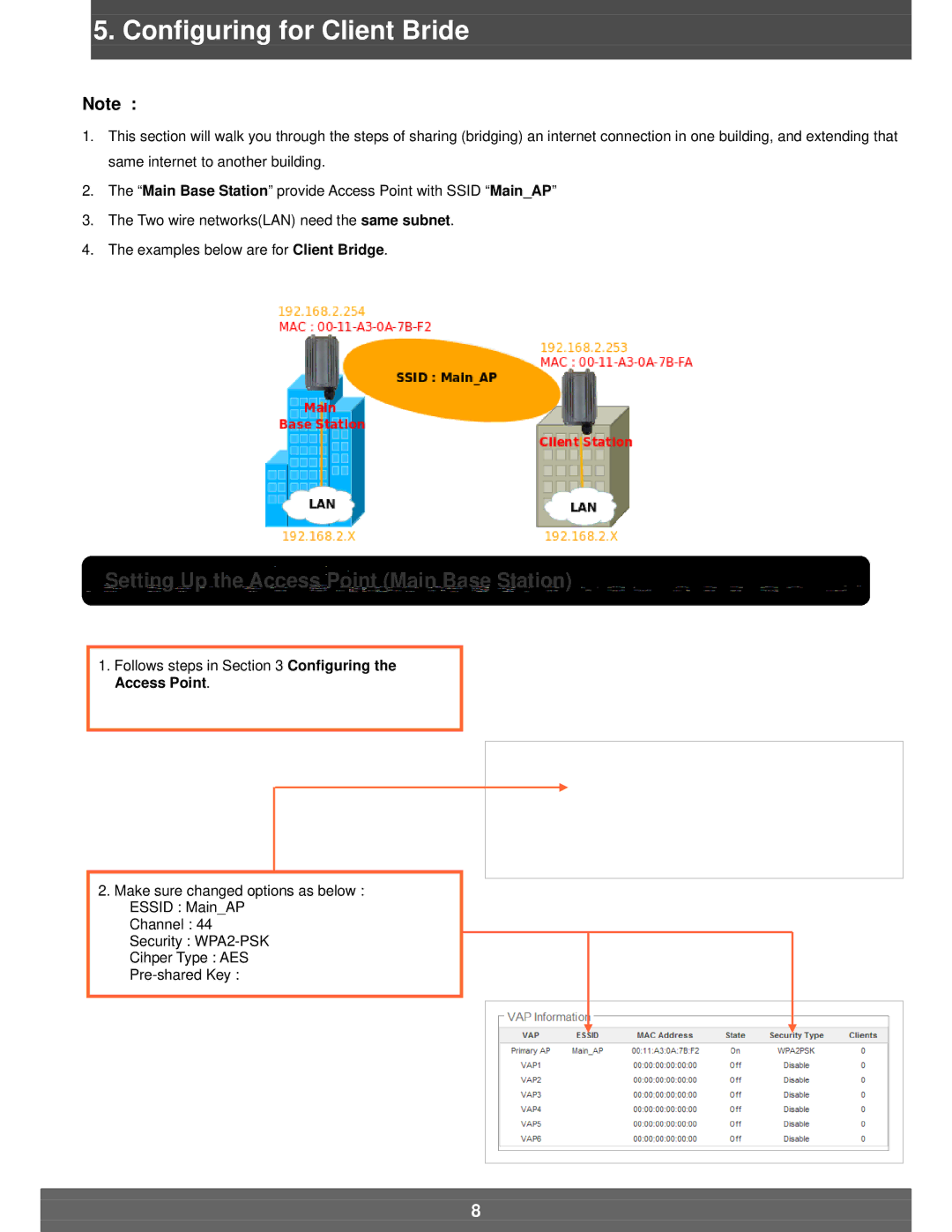 Airlink101 APO1200 manual Configuring for Client Bride, Setting Up the Access Point Main Base Station 