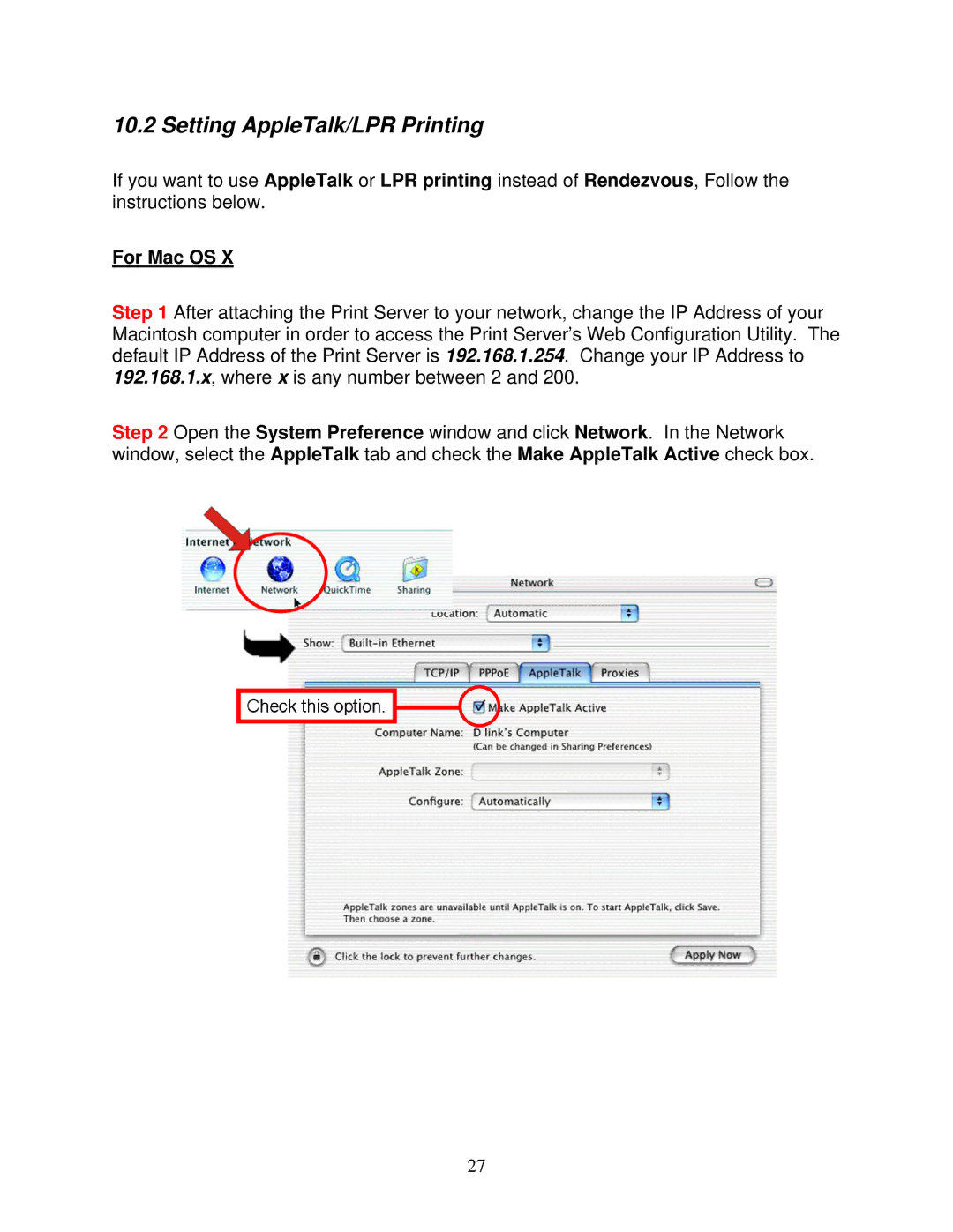 Airlink101 APSUSB1 user manual Setting AppleTalk/LPR Printing, For Mac OS 