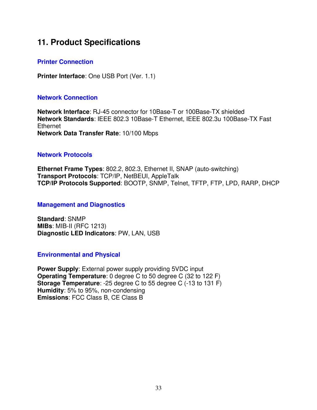 Airlink101 APSUSB1 user manual Product Specifications, Network Data Transfer Rate 10/100 Mbps, Standard Snmp 