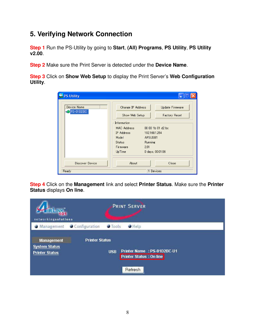 Airlink101 APSUSB1 user manual Verifying Network Connection 