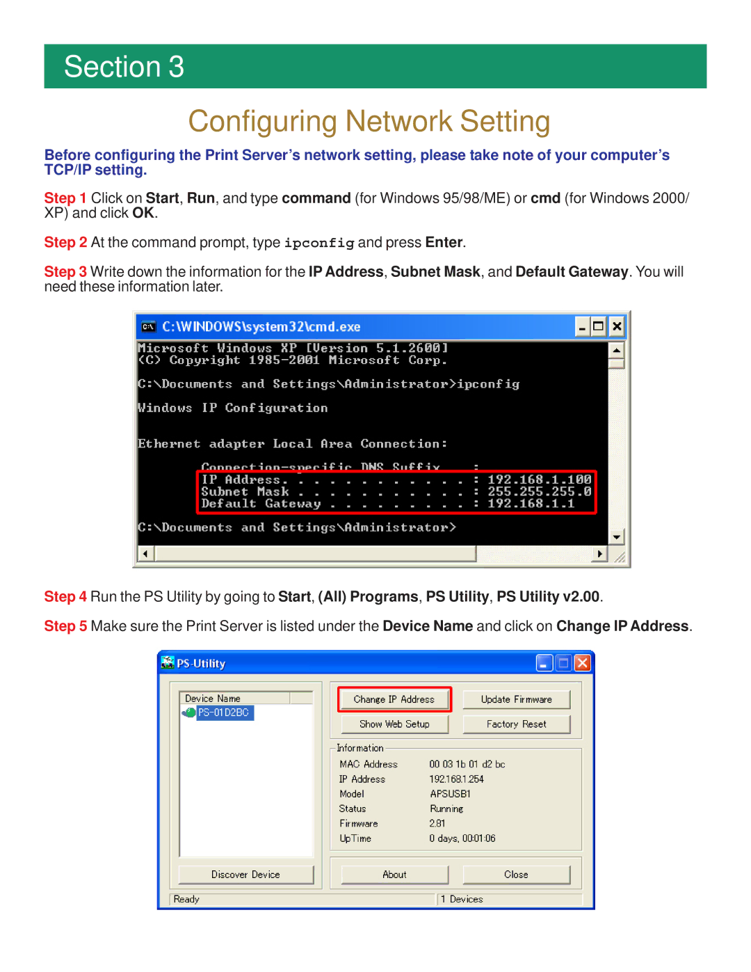 Airlink101 APSUSB1 manual Configuring Network Setting 