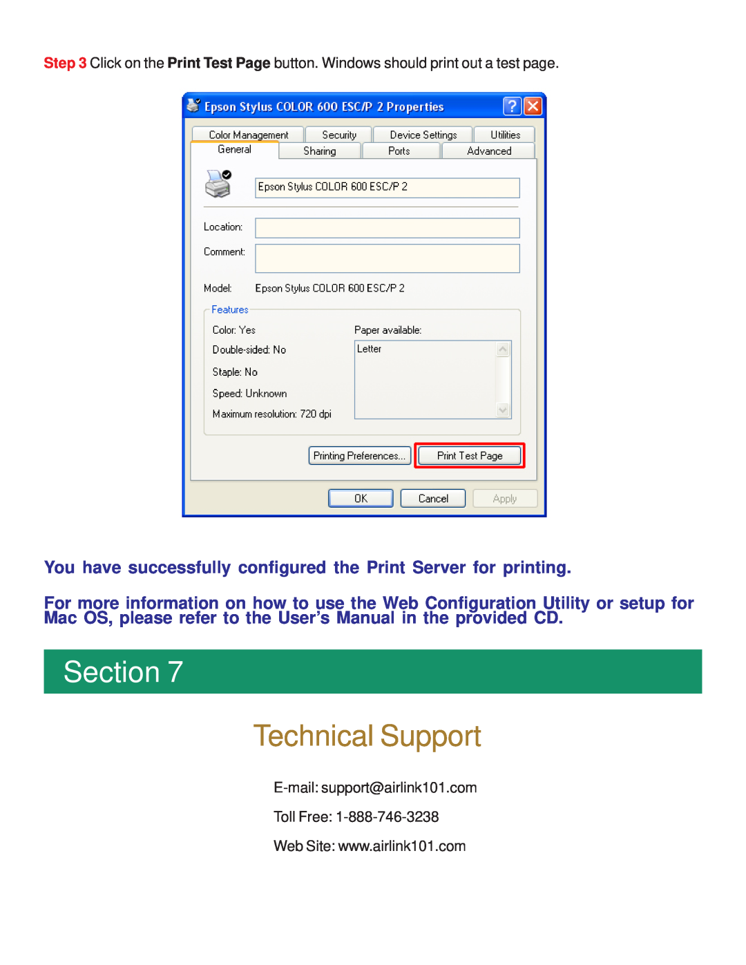 Airlink101 APSUSB1 manual Technical Support, Section 