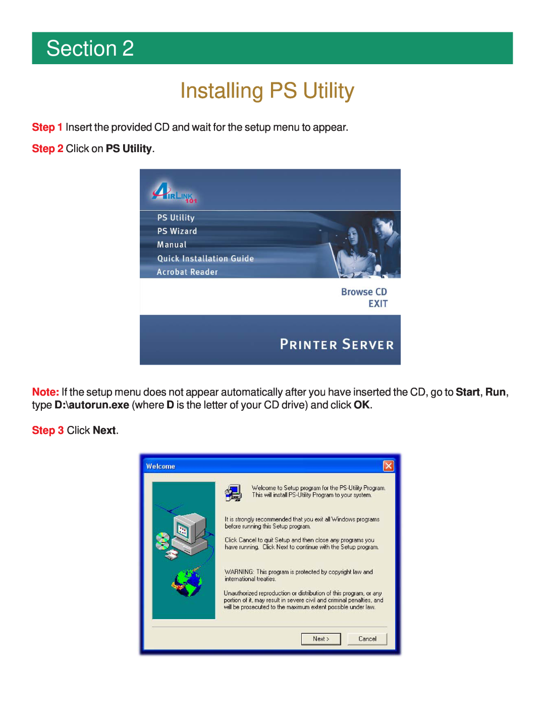 Airlink101 APSUSB1 manual Installing PS Utility, Section, Click Next 