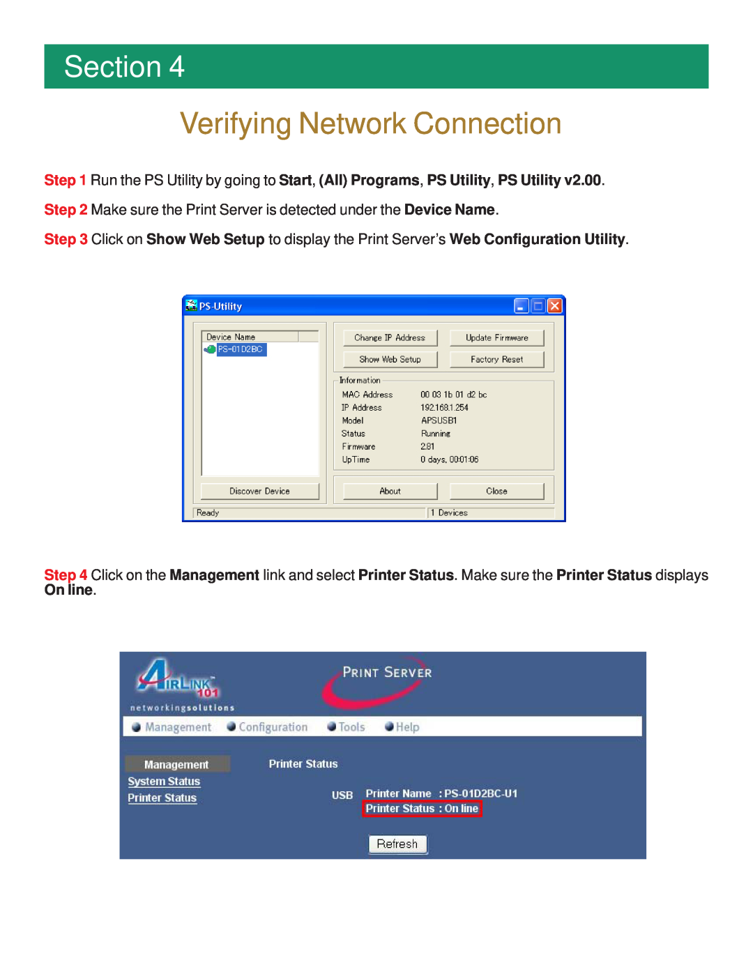 Airlink101 APSUSB1 manual Verifying Network Connection, Section 