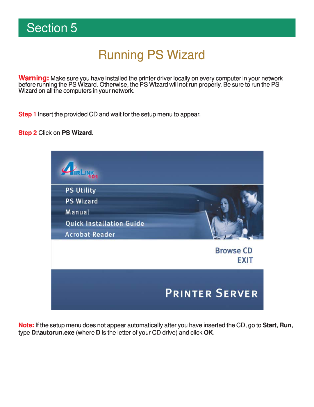 Airlink101 APSUSB1 manual Running PS Wizard, Section 