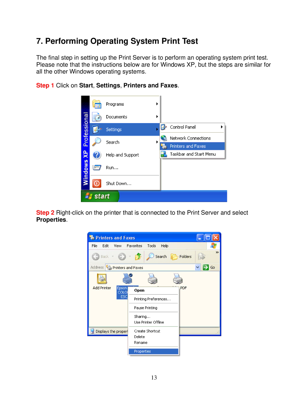 Airlink101 APSUSB2 manual Performing Operating System Print Test, Click on Start, Settings, Printers and Faxes 