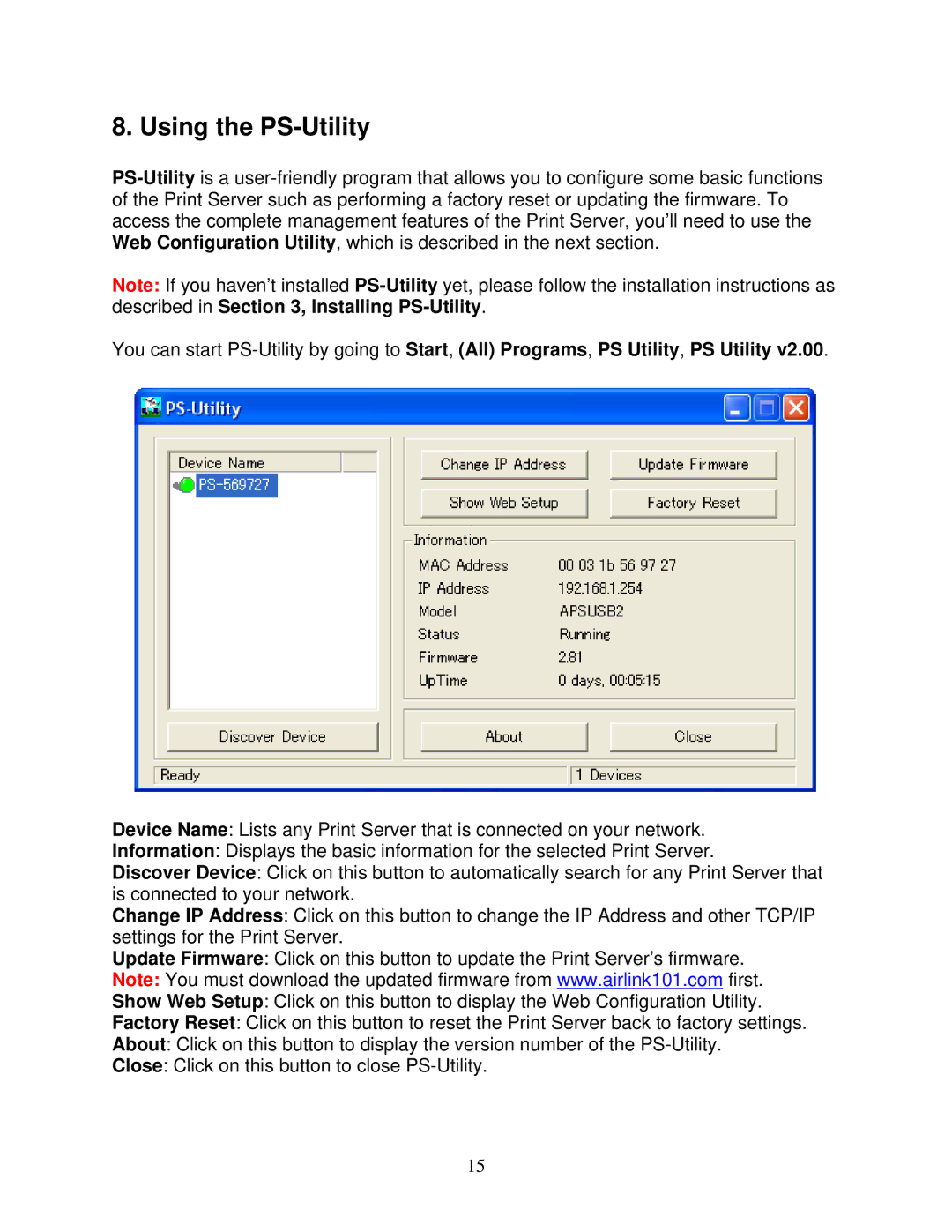 Airlink101 APSUSB2 manual Using the PS-Utility 