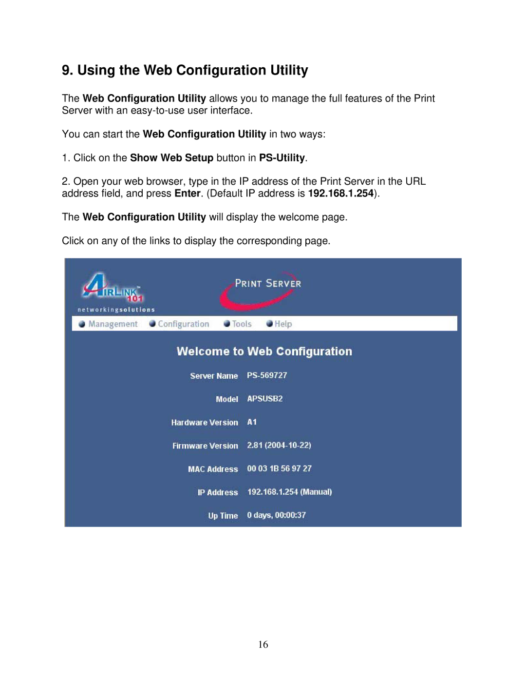 Airlink101 APSUSB2 manual Using the Web Configuration Utility, Click on the Show Web Setup button in PS-Utility 