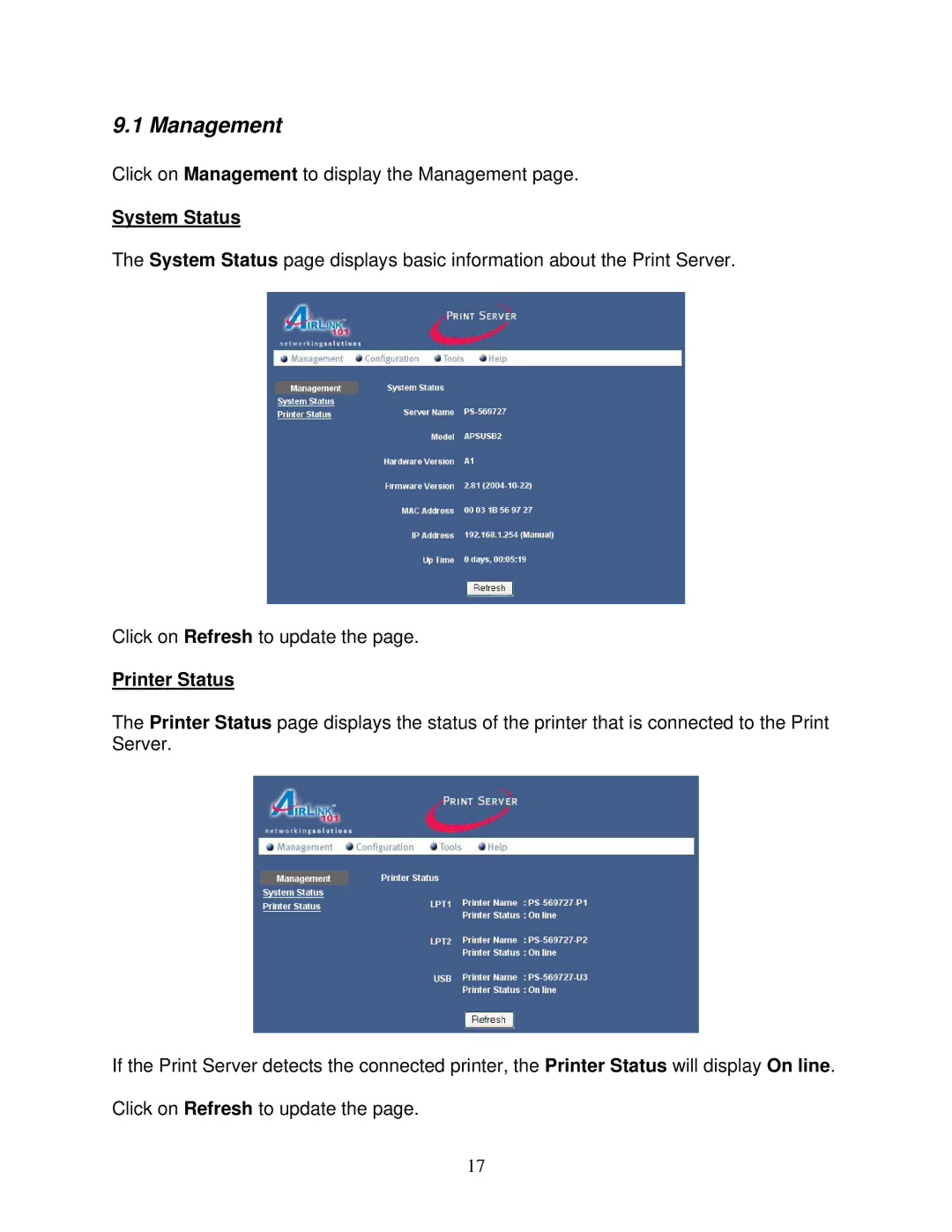 Airlink101 APSUSB2 manual Management, System Status, Printer Status 