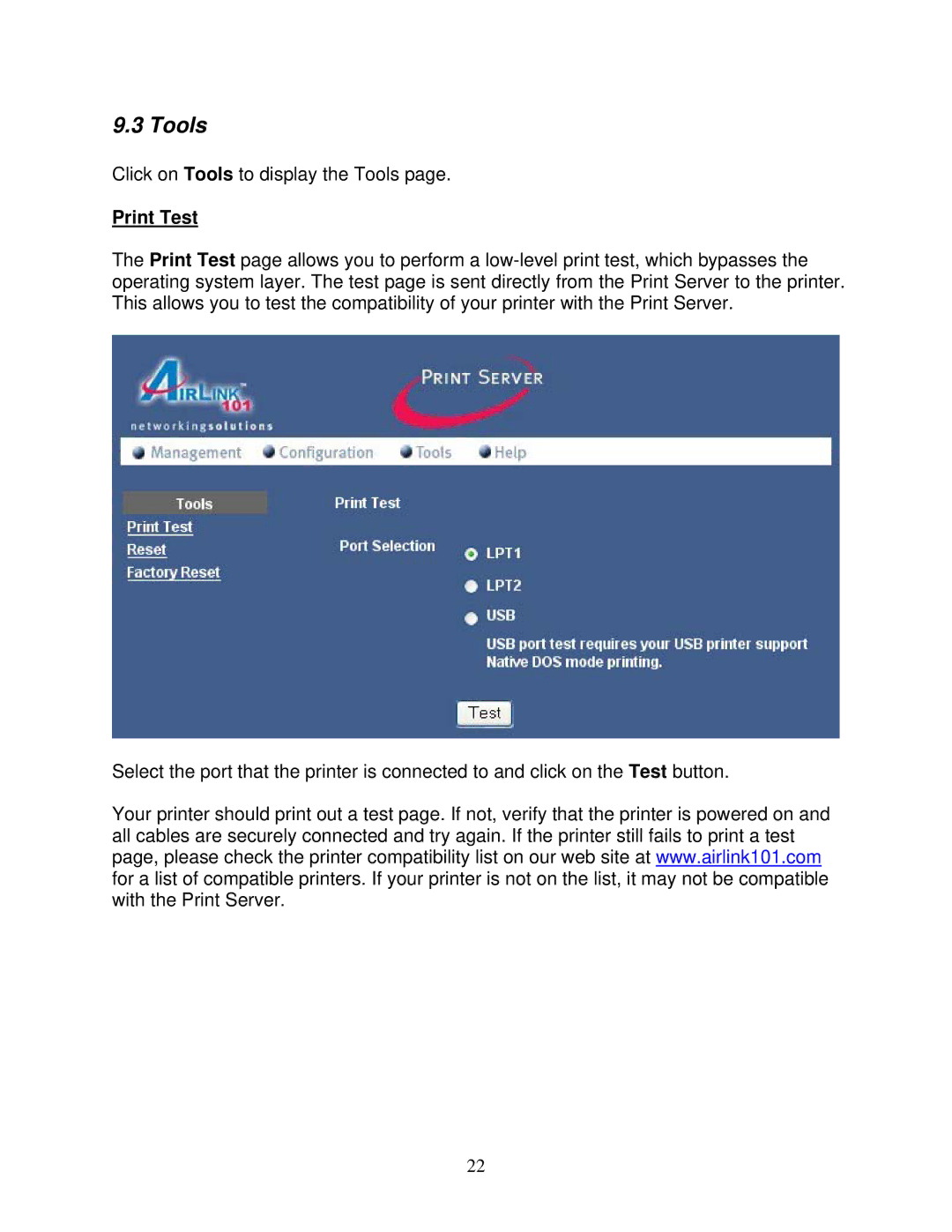 Airlink101 APSUSB2 manual Tools, Print Test 