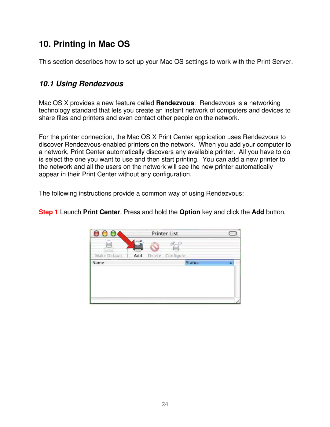 Airlink101 APSUSB2 manual Printing in Mac OS, Using Rendezvous 