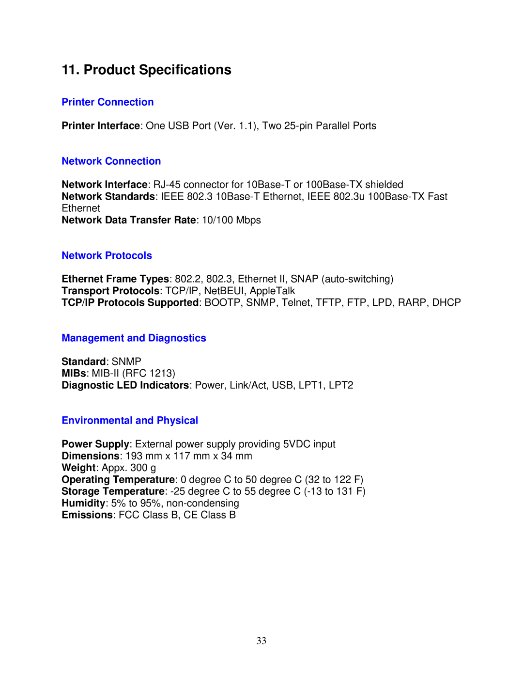 Airlink101 APSUSB2 manual Product Specifications, Network Data Transfer Rate 10/100 Mbps, Standard Snmp 