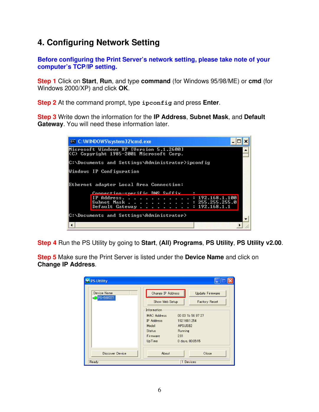 Airlink101 APSUSB2 manual Configuring Network Setting 