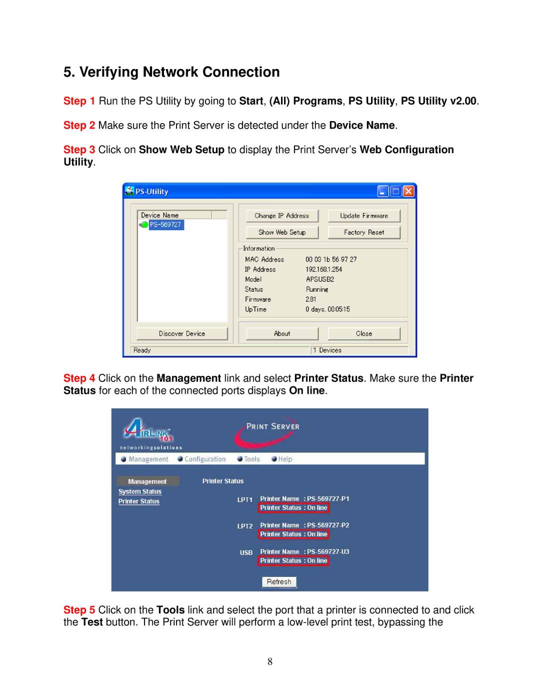 Airlink101 APSUSB2 manual Verifying Network Connection 