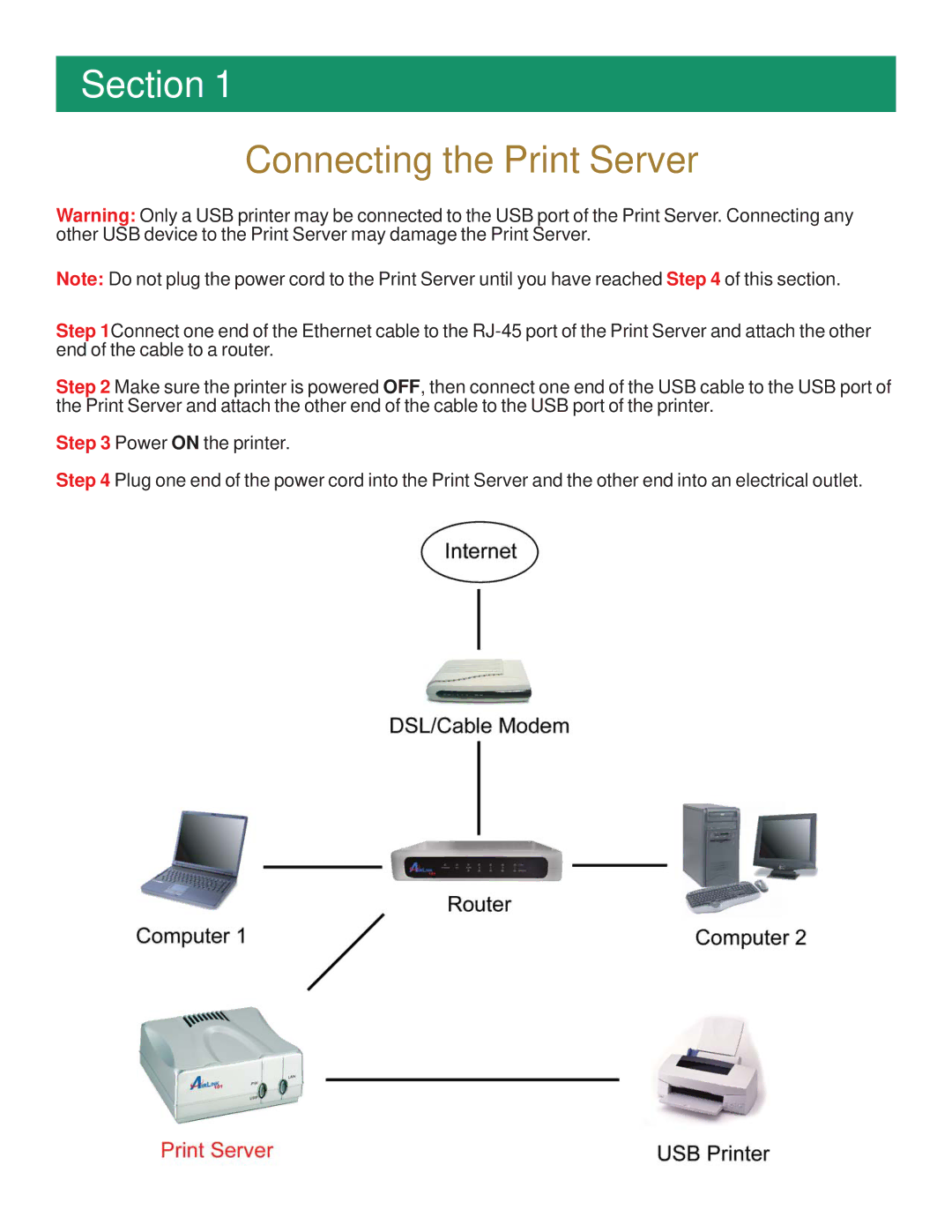 Airlink101 APSUSB201 manual Section, Connecting the Print Server 