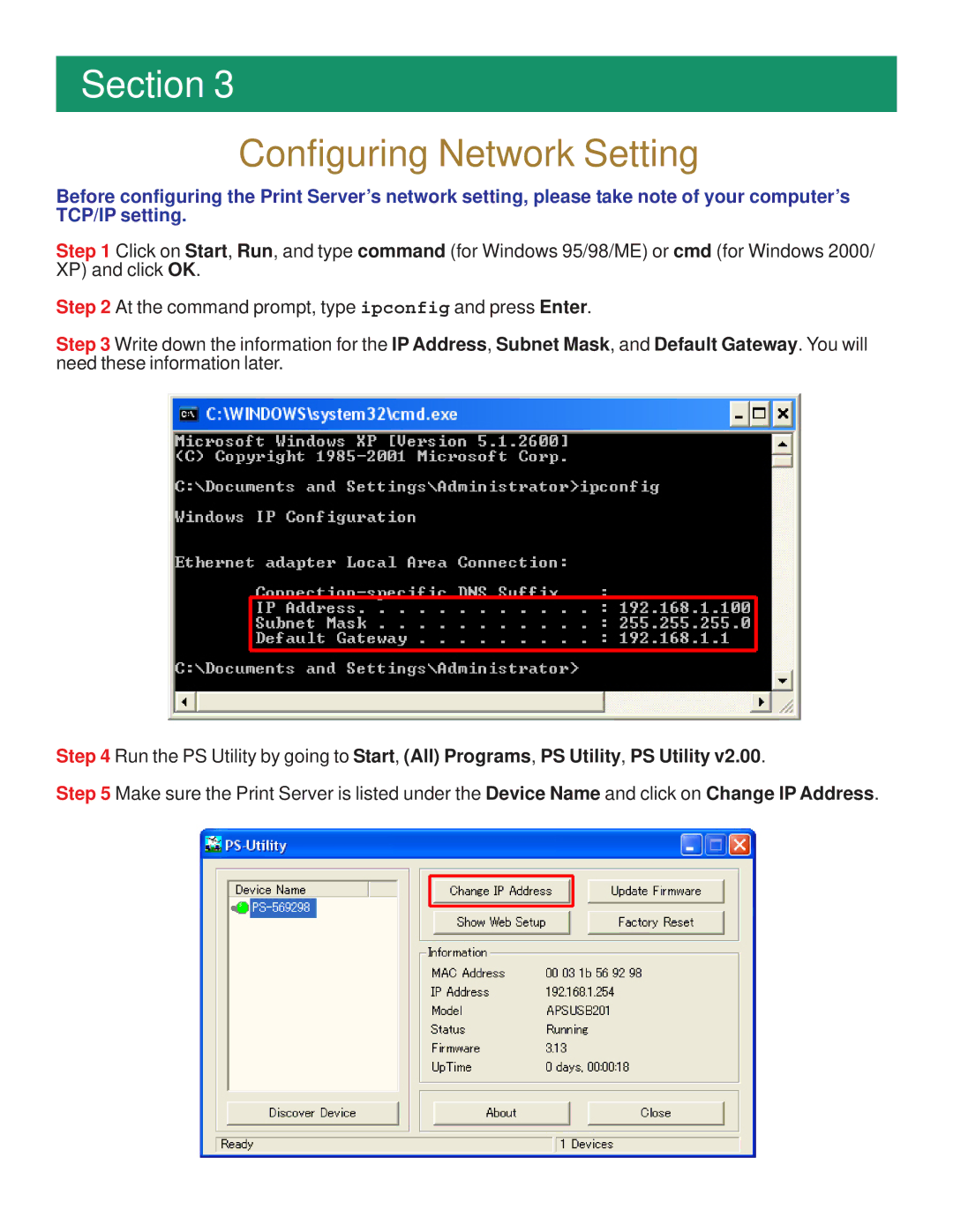 Airlink101 APSUSB201 manual Configuring Network Setting 