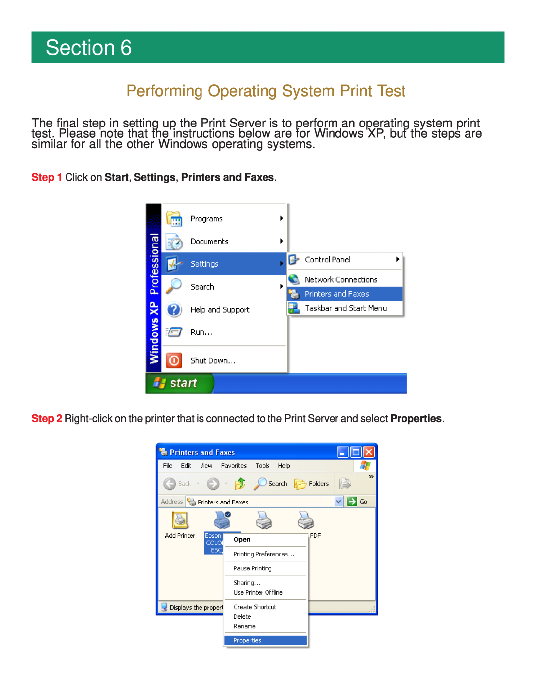 Airlink101 APSUSB201 manual Section, Performing Operating System Print Test, Click on Start, Settings, Printers and Faxes 