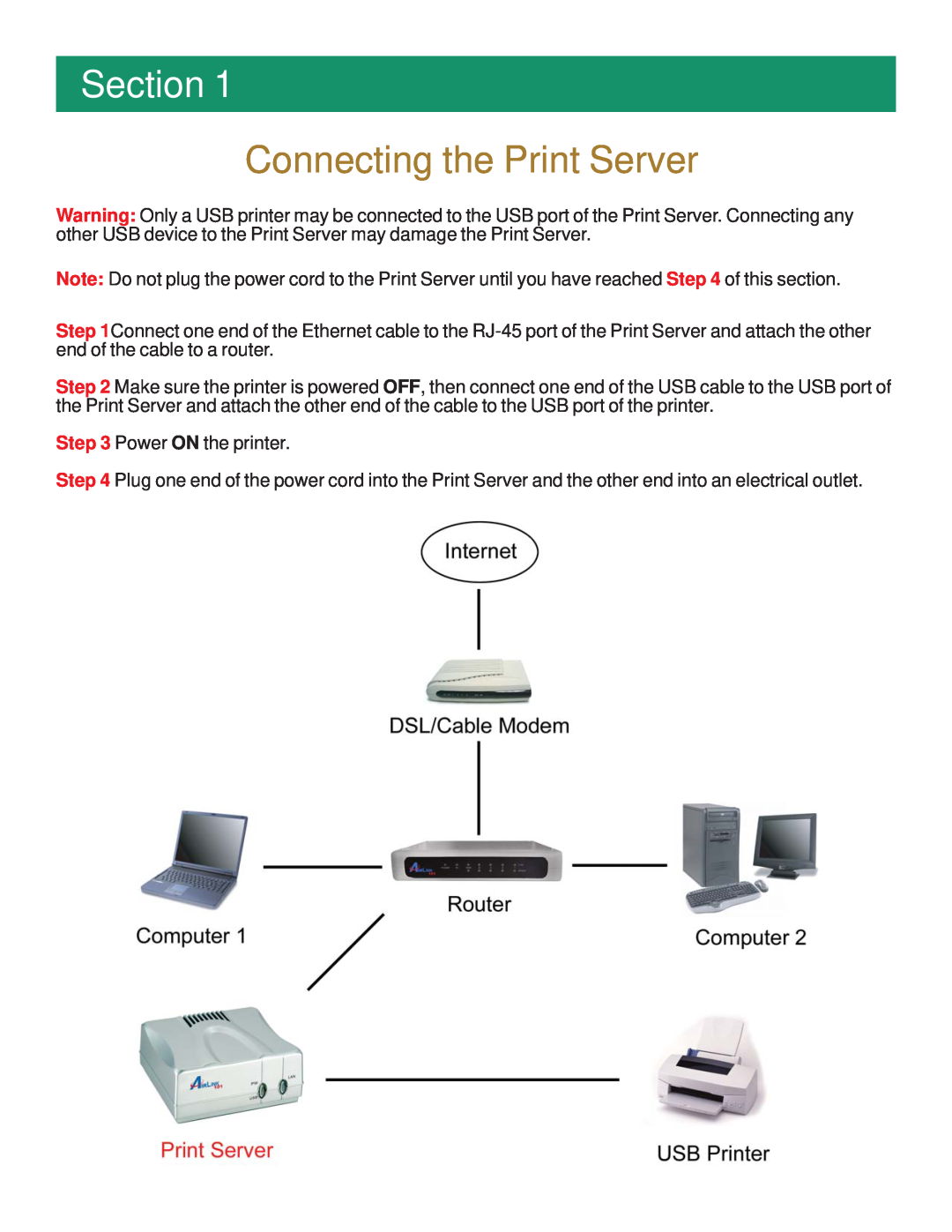 Airlink101 APSUSB201 manual Section, Connecting the Print Server, Power ON the printer 