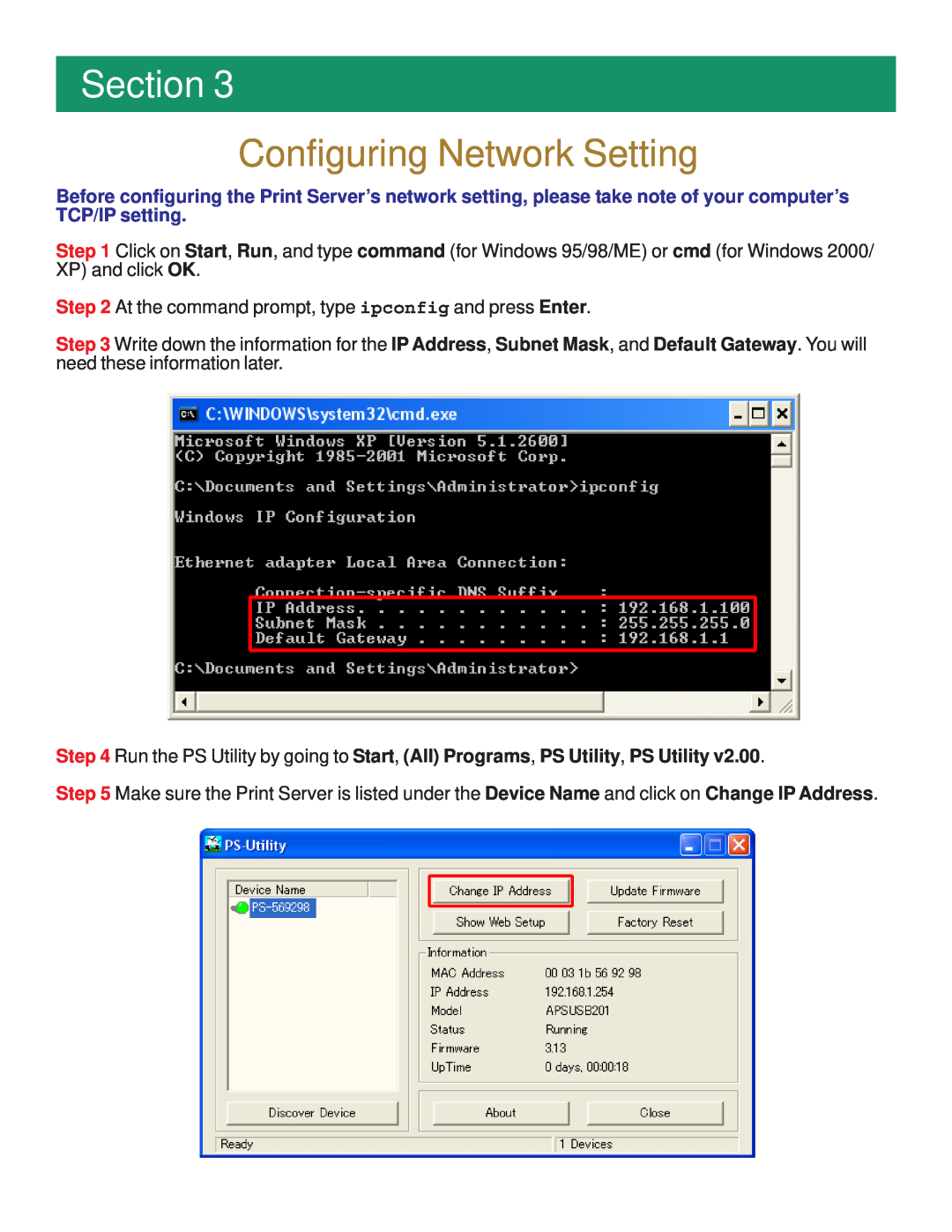 Airlink101 APSUSB201 manual Configuring Network Setting, Section, At the command prompt, type ipconfig and press Enter 