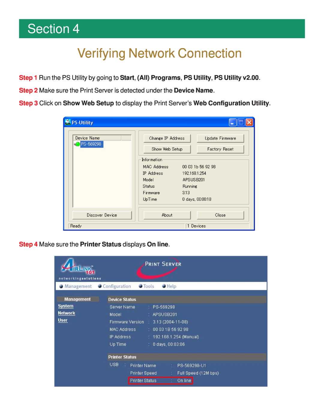 Airlink101 APSUSB201 manual Verifying Network Connection, Section, Make sure the Printer Status displays On line 