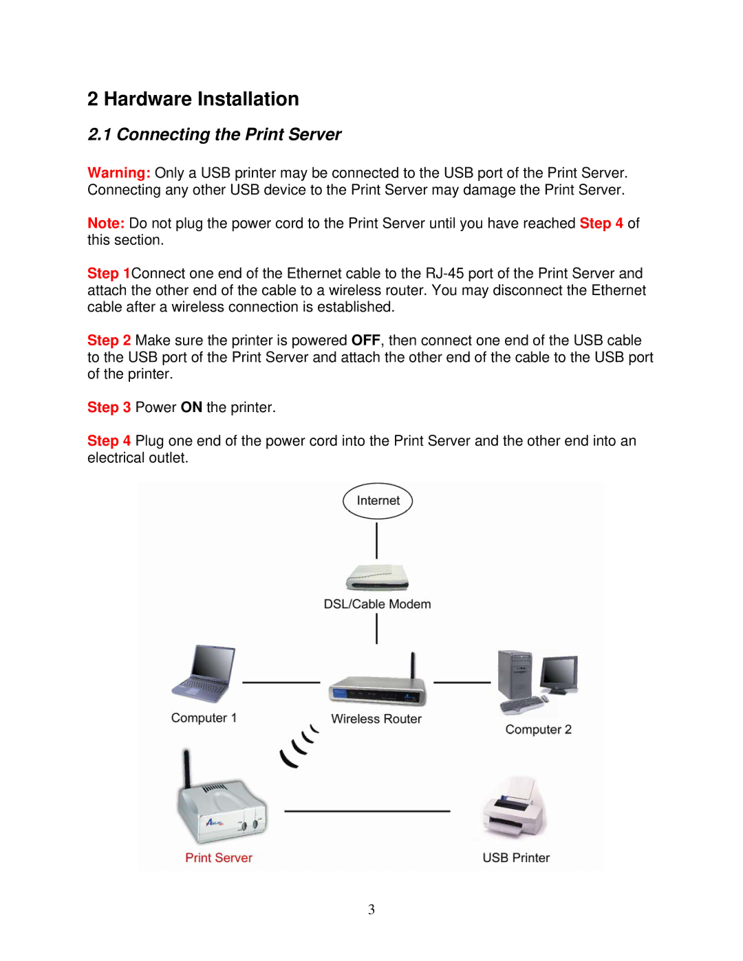 Airlink101 APSUSB201W manual Hardware Installation, Connecting the Print Server 