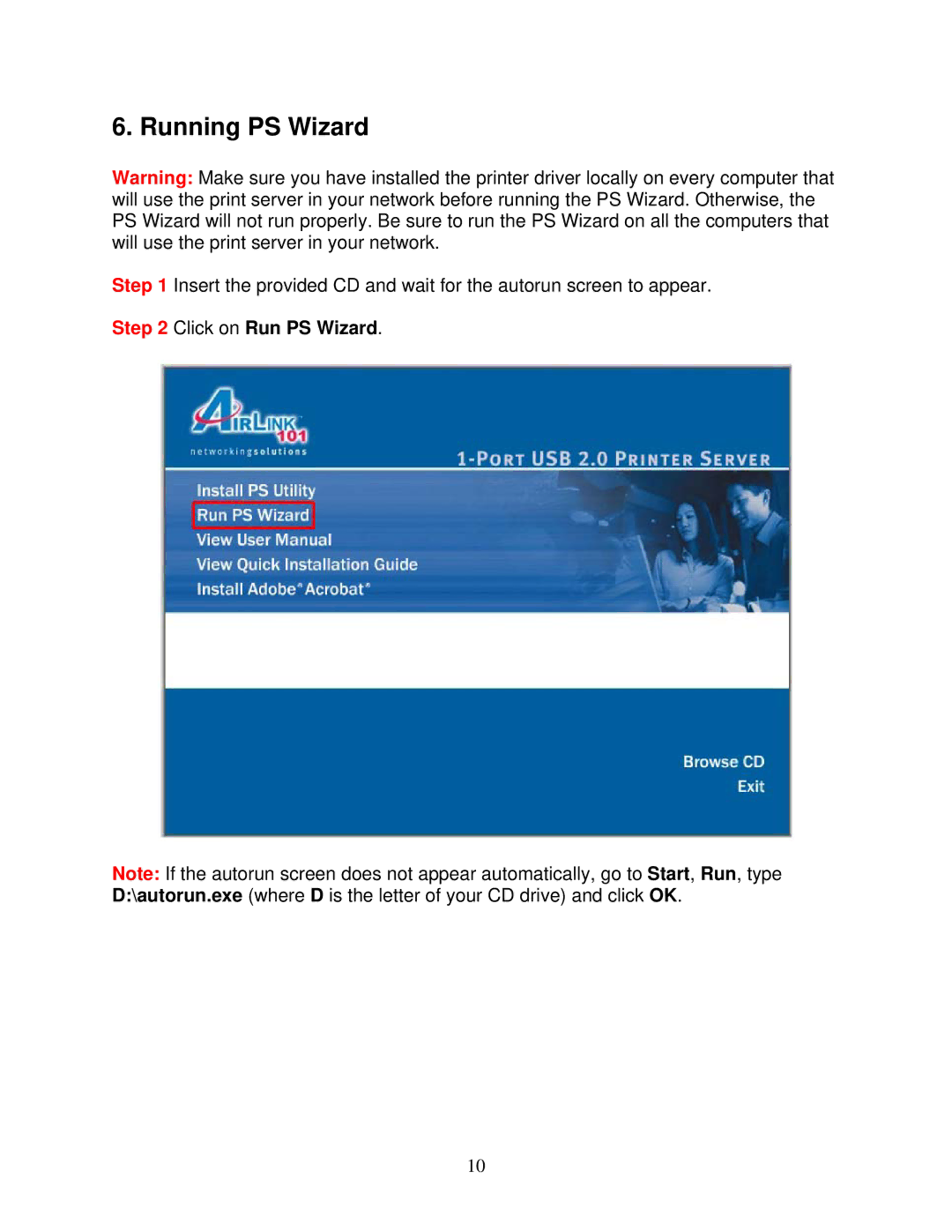Airlink101 APSUSB211 user manual Running PS Wizard 