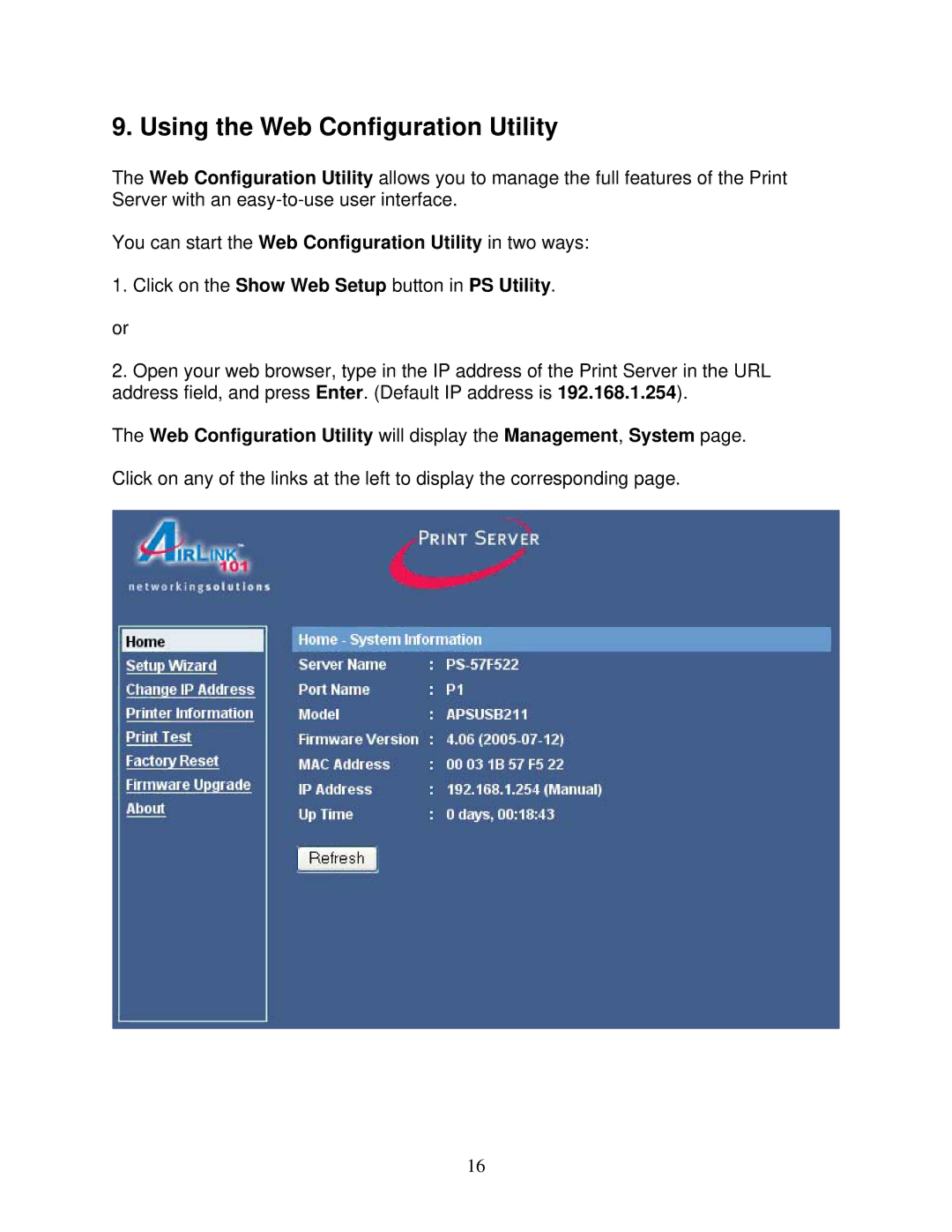 Airlink101 APSUSB211 user manual Using the Web Configuration Utility, Click on the Show Web Setup button in PS Utility 