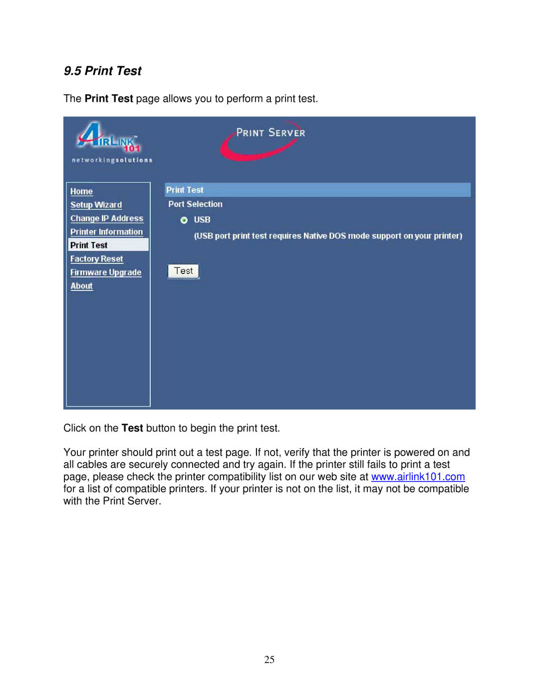 Airlink101 APSUSB211 user manual Print Test 